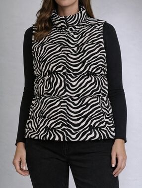 Liz Claiborne Puffer Vest Women's Petite Medium Black White Zebra Sleeveless